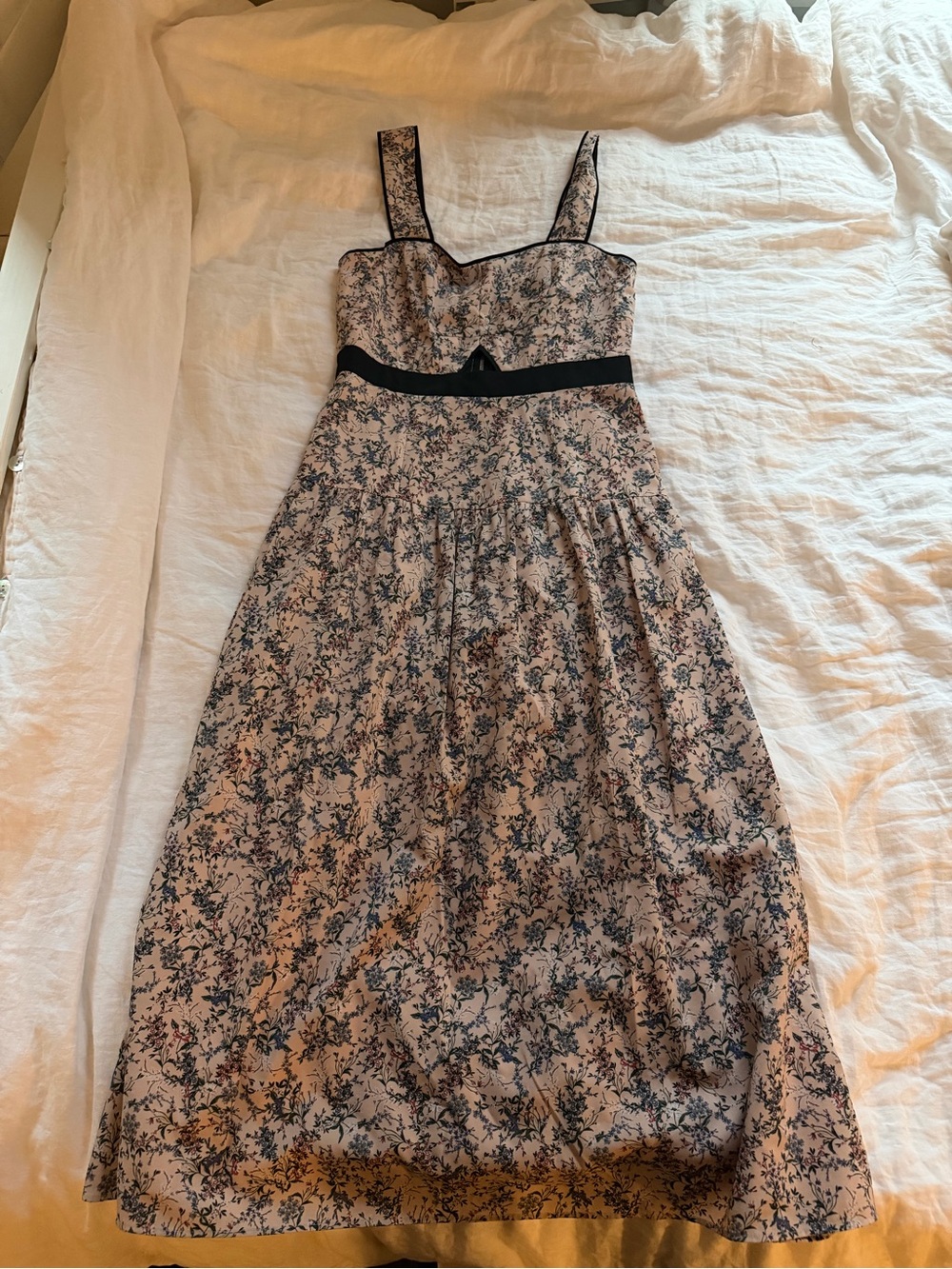 Self-Portrait Pink Floral Midi Dress with Black Trim